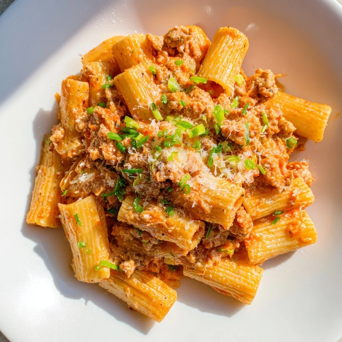 Steaming hot Chaos Cooking Kimchi Ragu Pasta, with rigatoni coated in a rich, spicy tomato sauce.