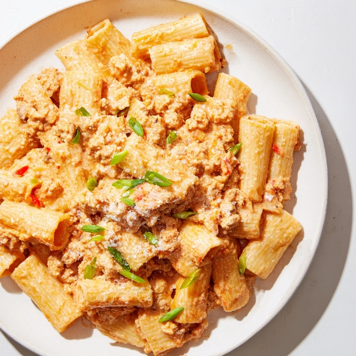A close-up shot of the savory Chaos Cooking Kimchi Ragu Pasta, garnished with fresh green scallions.