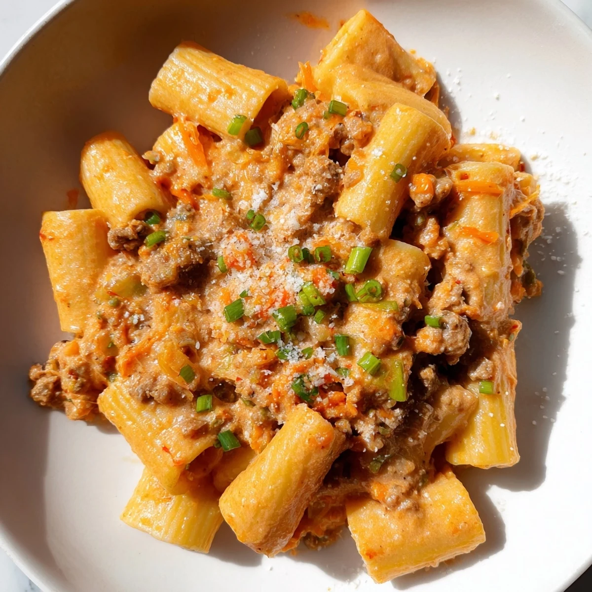 Creamy Chaos Cooking Kimchi Ragu Pasta served with grated Parmesan, ideal for a satisfying dinner.