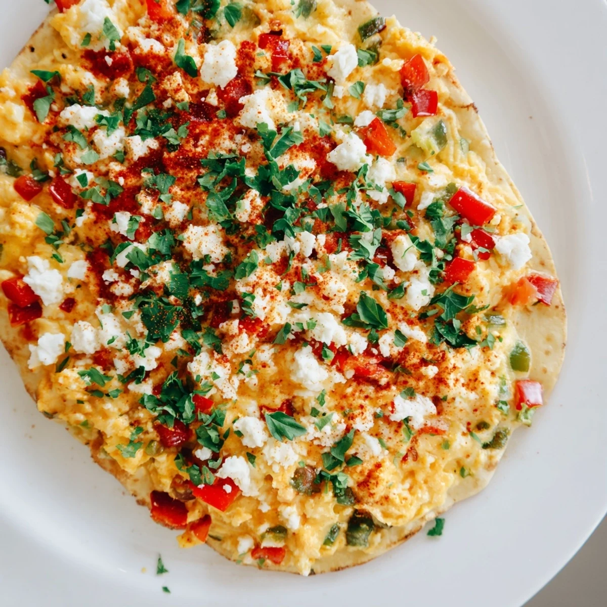 A vibrant Turkish Menemen Eggs Pizza with a bubbling, cheesy topping, ready to eat.