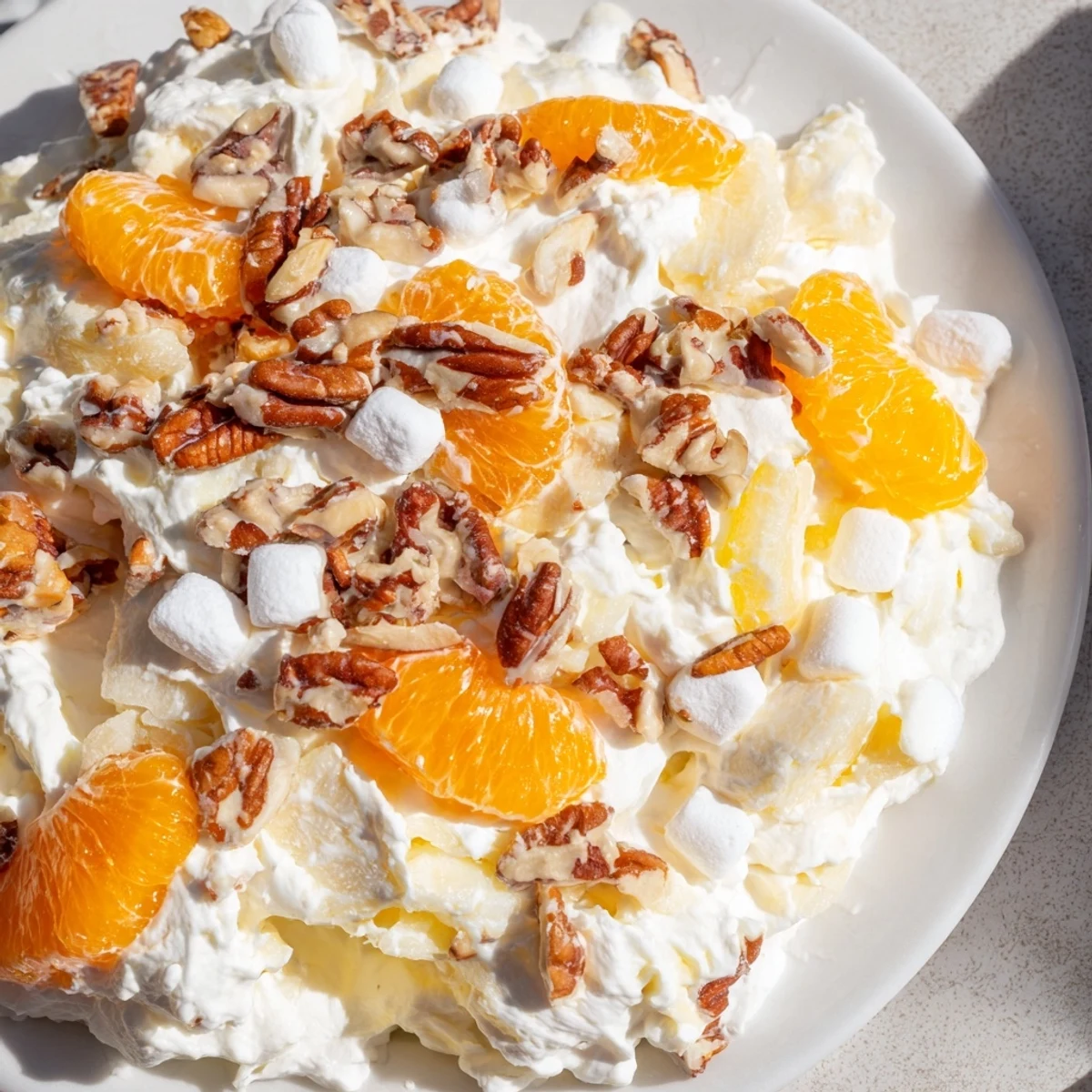 Luscious Elevated Ambrosia Salad, showcasing fluffy marshmallows and vibrant mandarin orange segments ready to be enjoyed.