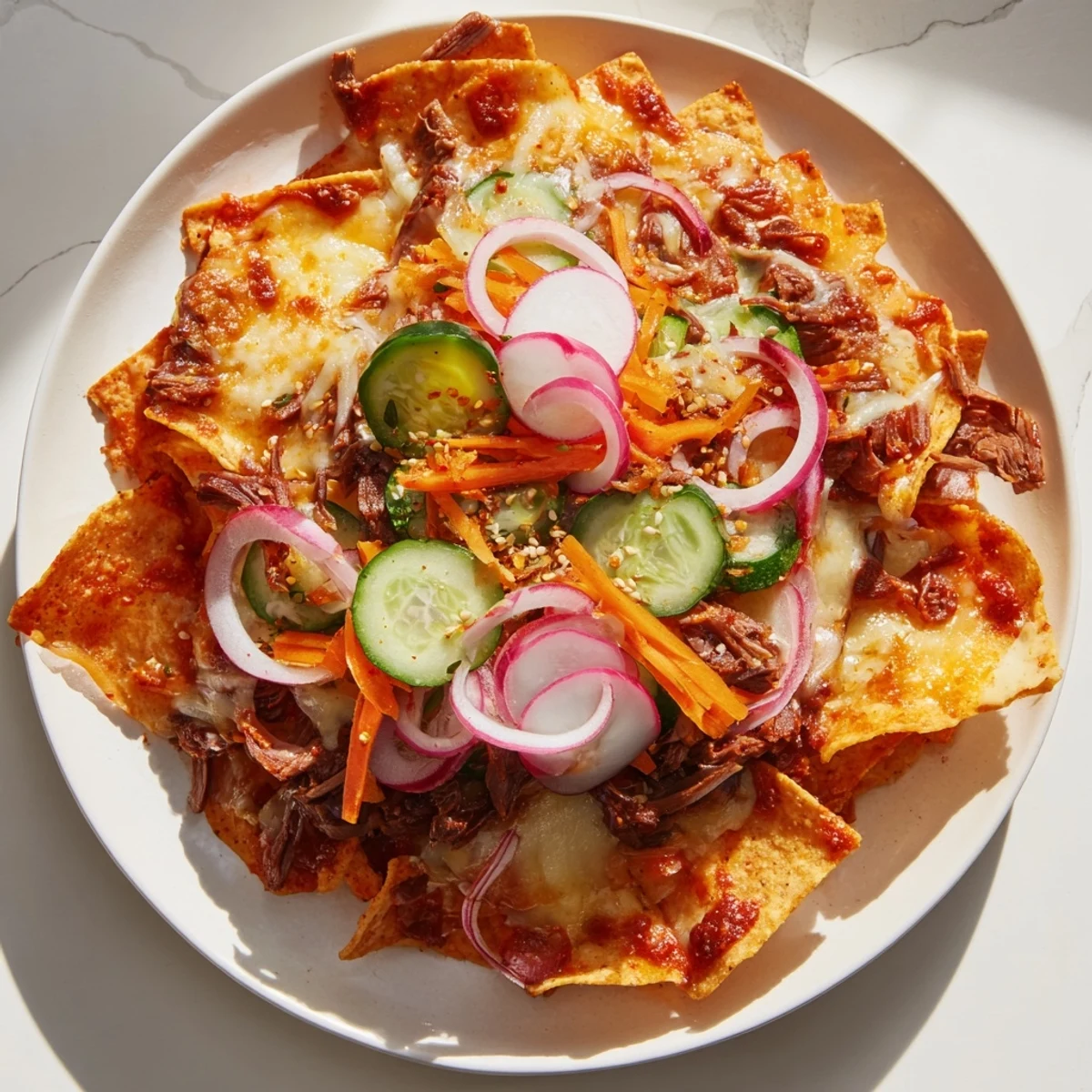 A close-up of Korean BBQ nachos with layers of cheese, beef, and colorful toppings.