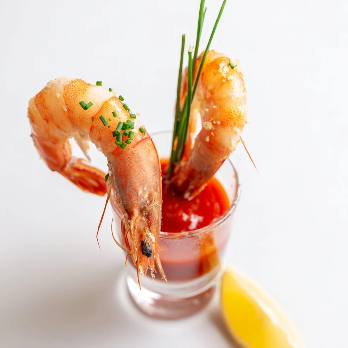Succulent Retro Prawn Cocktail Shooters, elegantly arranged with tails out, ready to enjoy this appetizer.