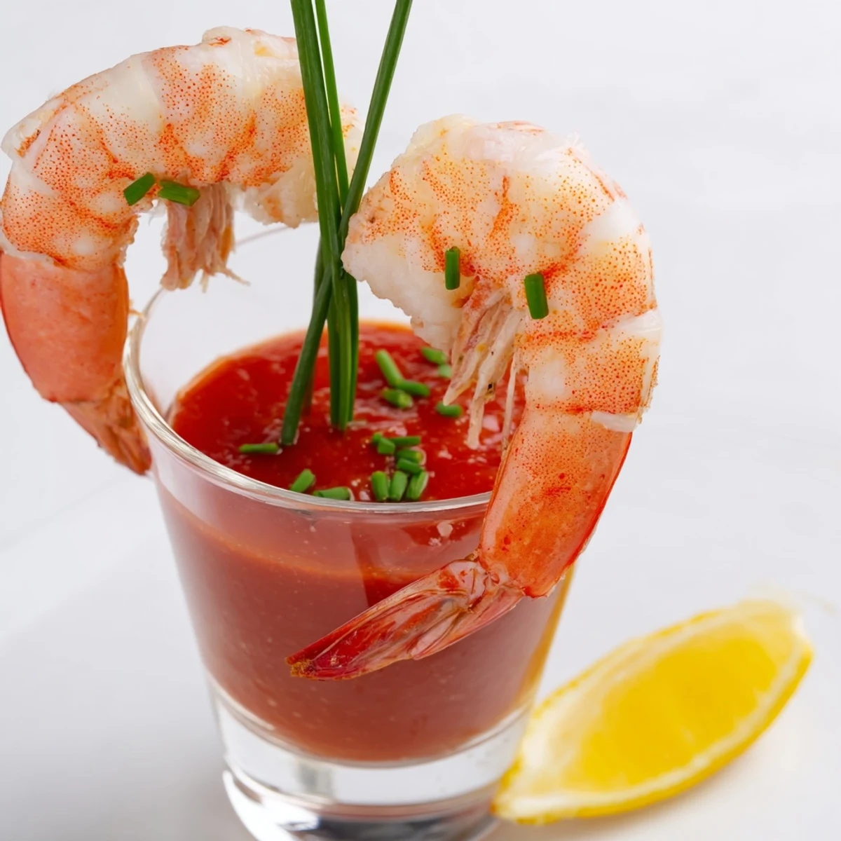 Bright lemon wedges and fresh chives garnish these beautiful Retro Prawn Cocktail Shooters, a delightful British-American appetizer.