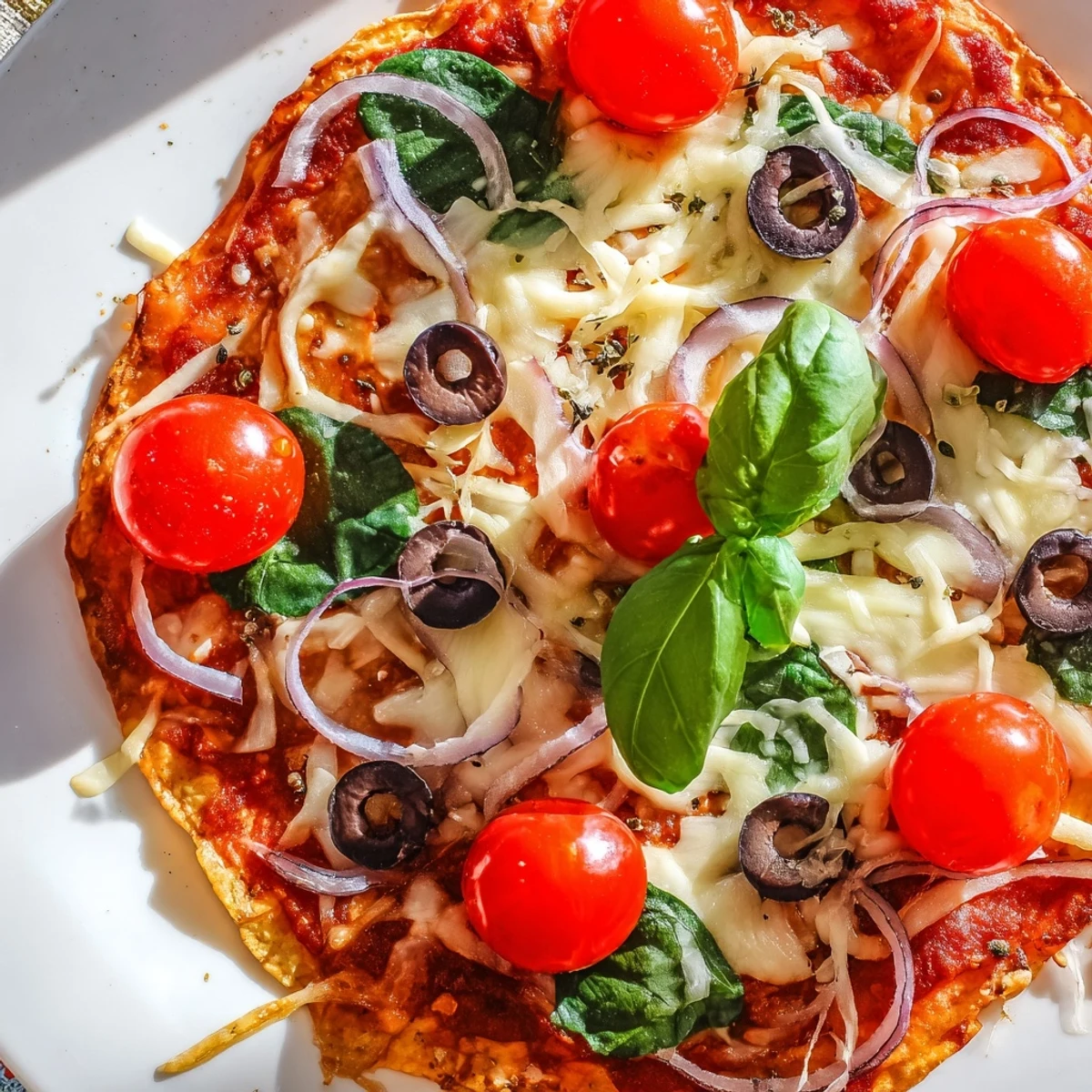 Crispy Tortilla Pizza with melted mozzarella, tomato sauce and fresh basil arranged beautifully.