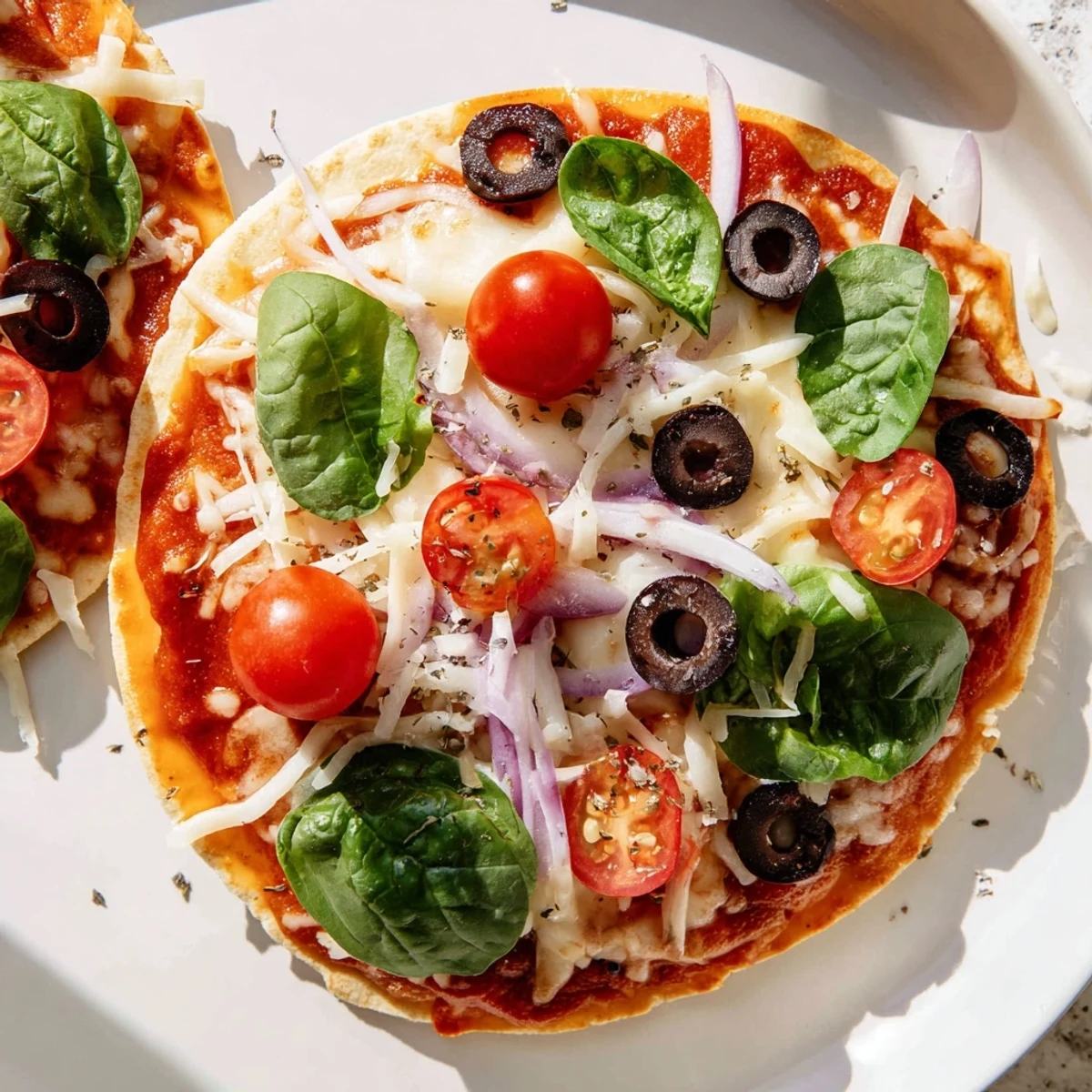 Close-up of a fully-loaded Crispy Tortilla Pizza, with vibrant toppings and bubbly cheese.