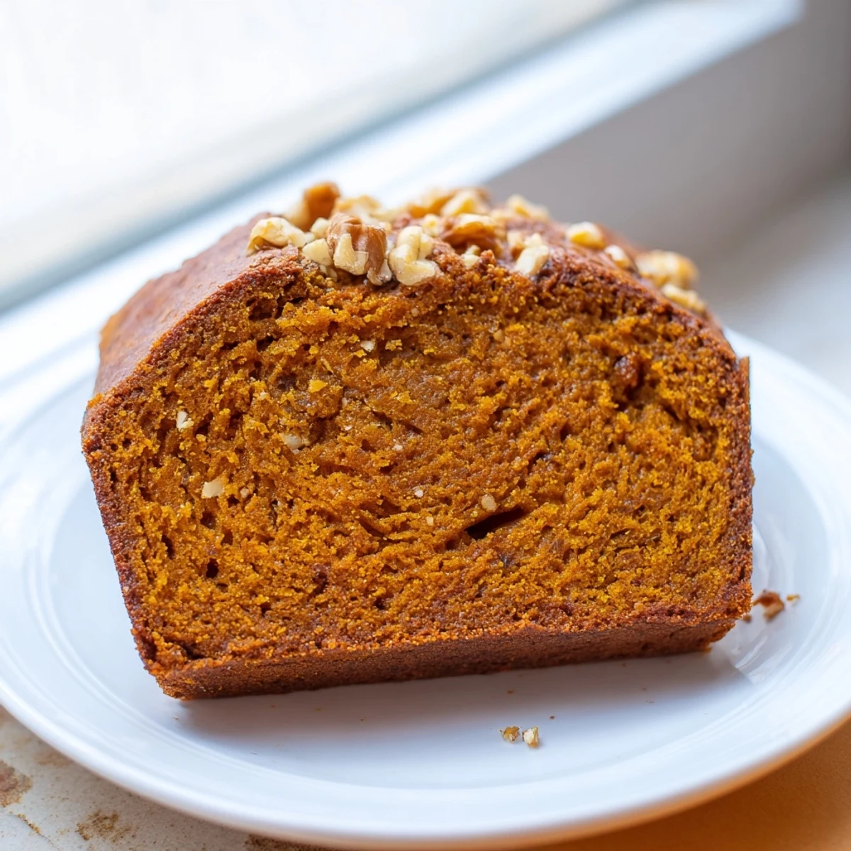 A warm, spiced Pumpkin Bread loaf, golden brown and ready to slice for a delicious treat.
