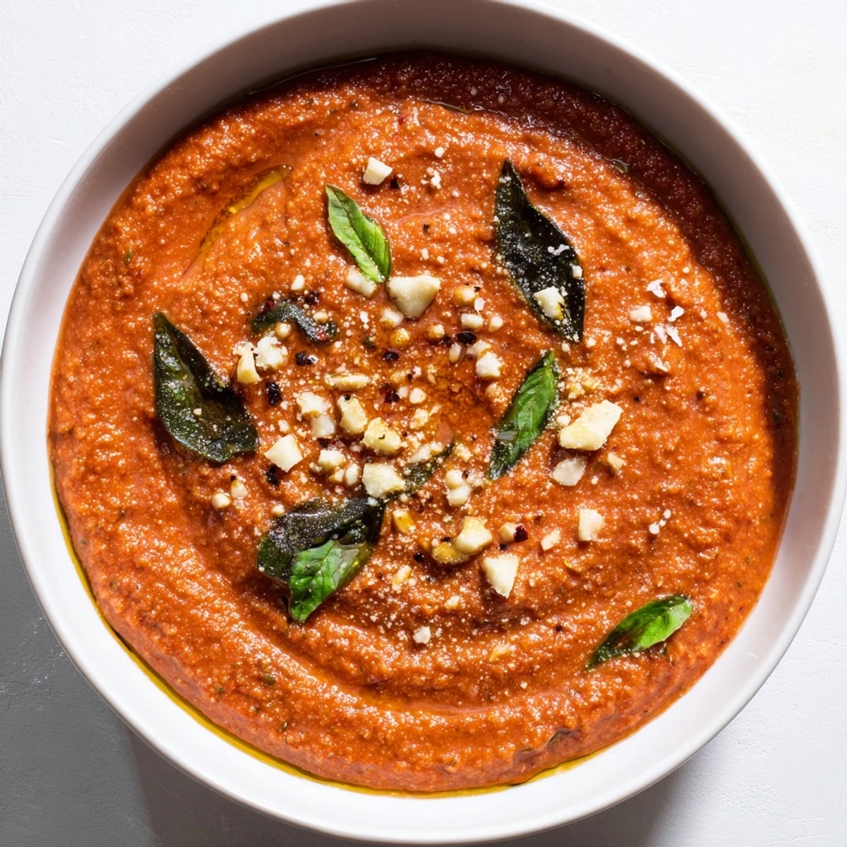 Freshly blended Hidden Veggie Tomato Pasta Sauce with a rich texture, perfect over a bed of spaghetti.