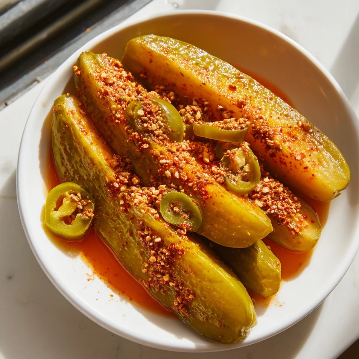 Tangy, vibrant Taco Pickles, ready to eat after marinating, a delicious flavor explosion.