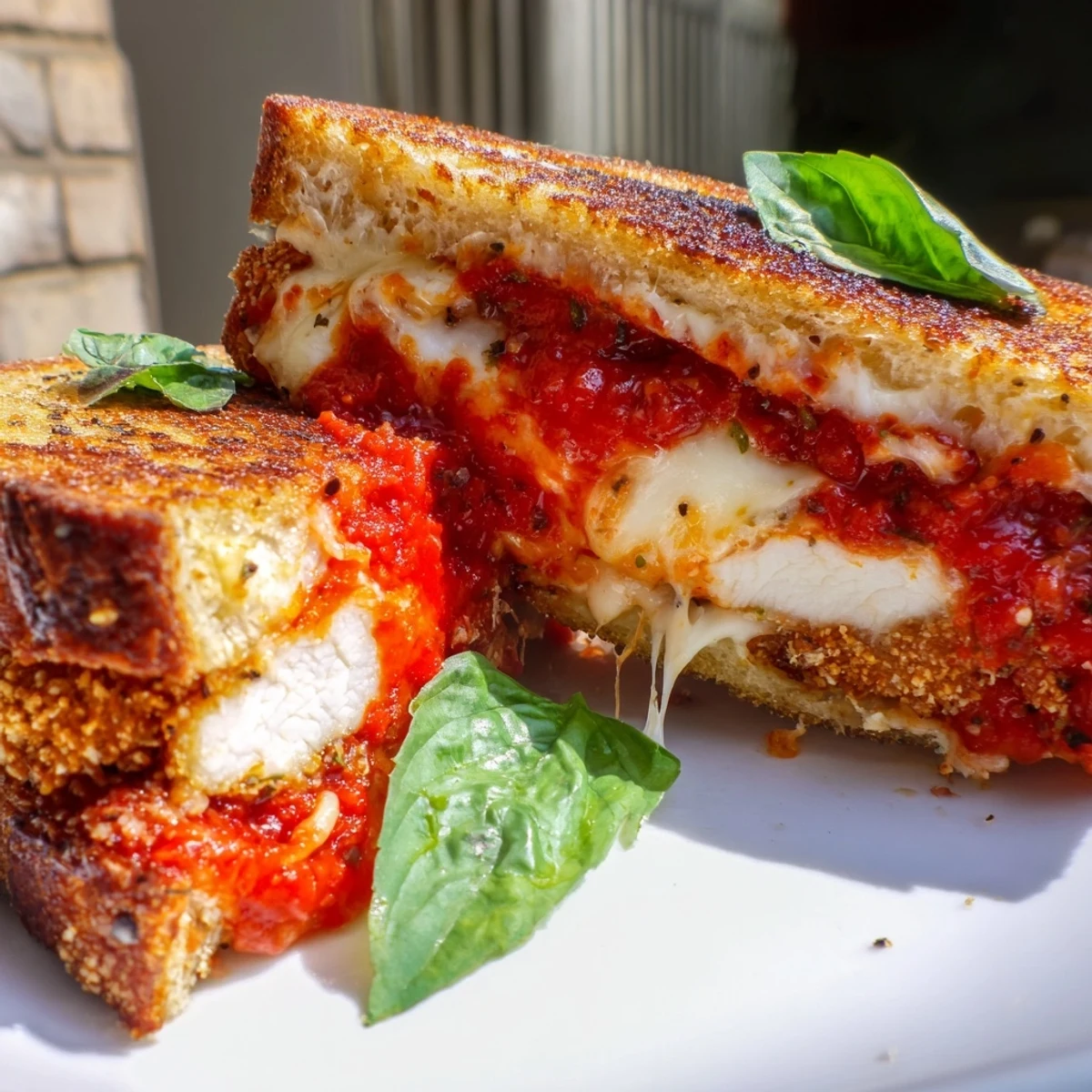 Warm and cheesy Chicken Parm Grilled Cheese sandwich, served with a side of marinara sauce.