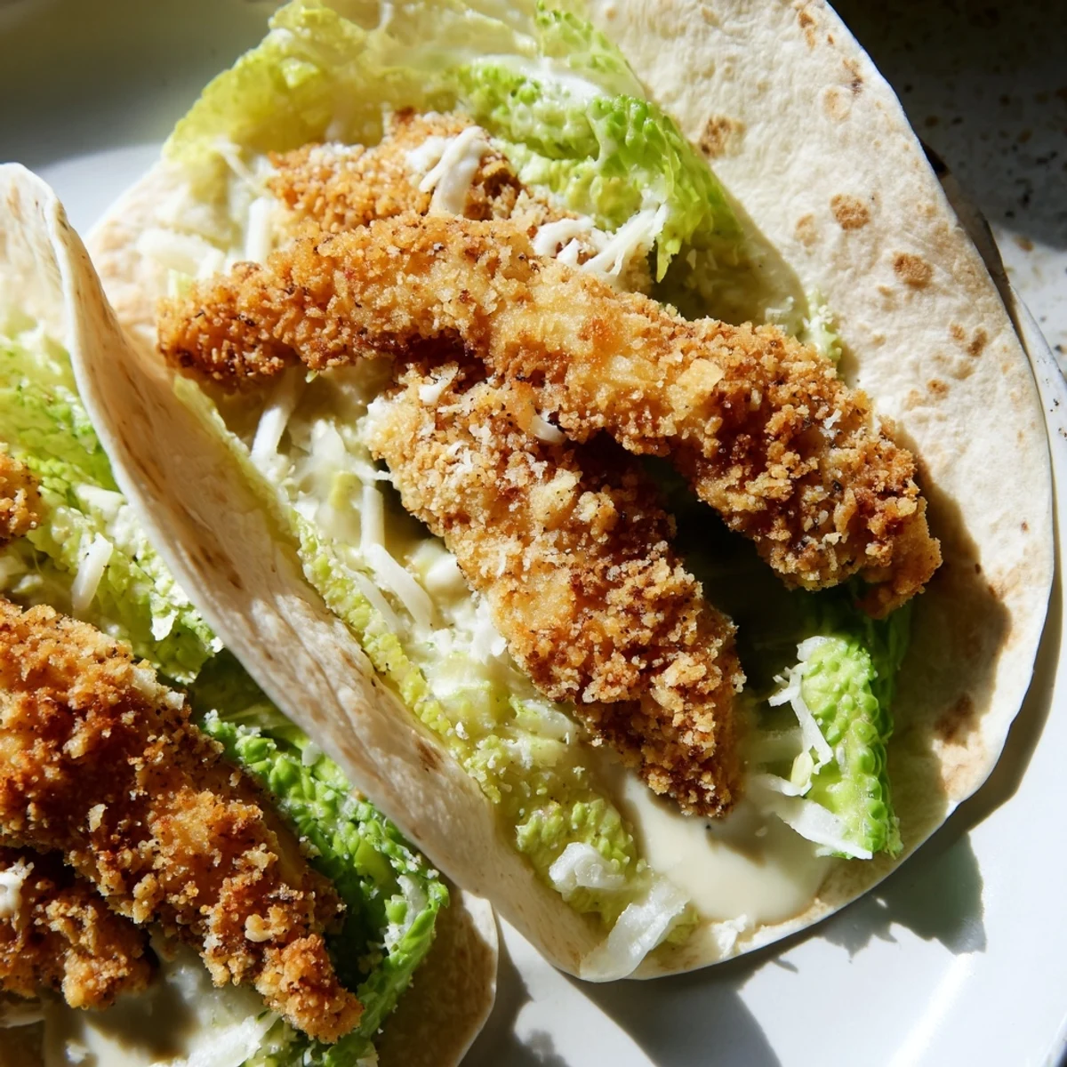 Close-up of a fully-loaded Crispy Chicken Caesar Wrap ready to be sliced and enjoyed.