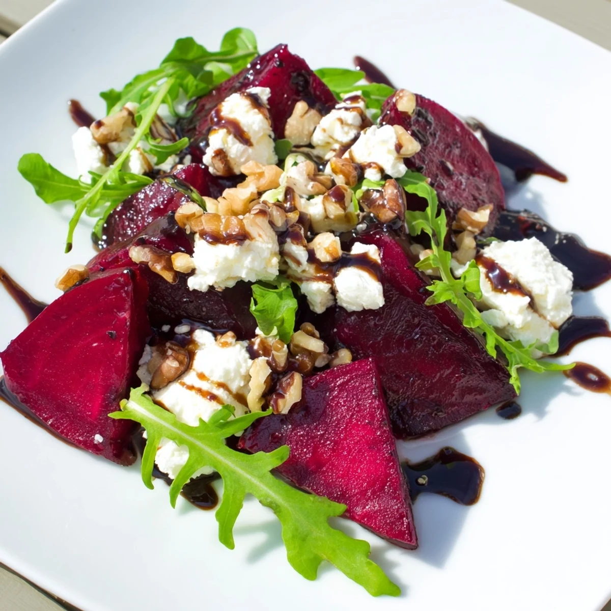 Vibrant Roasted Beet Goat Cheese Salad with ruby-red beets, creamy cheese, and crunchy walnuts visible.