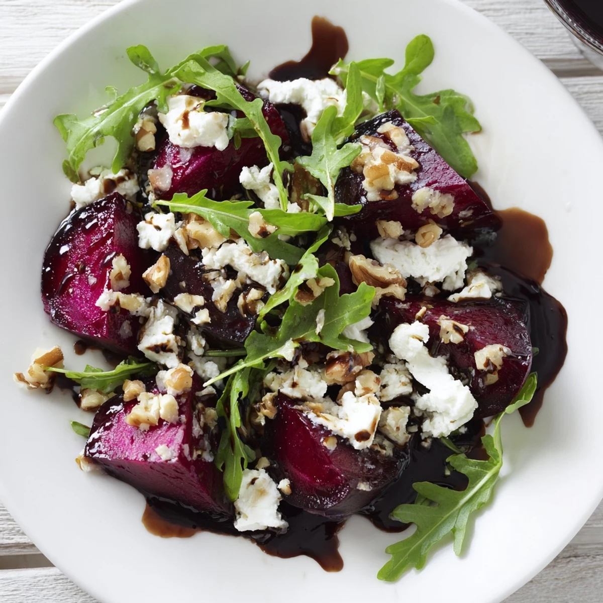 A fresh, colorful Roasted Beet Goat Cheese Salad, drizzled with balsamic vinaigrette, ready to serve.