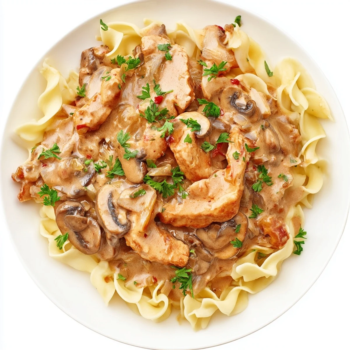 This close-up shows a comforting bowl of Chicken and Mushroom Stroganoff, ready to enjoy.