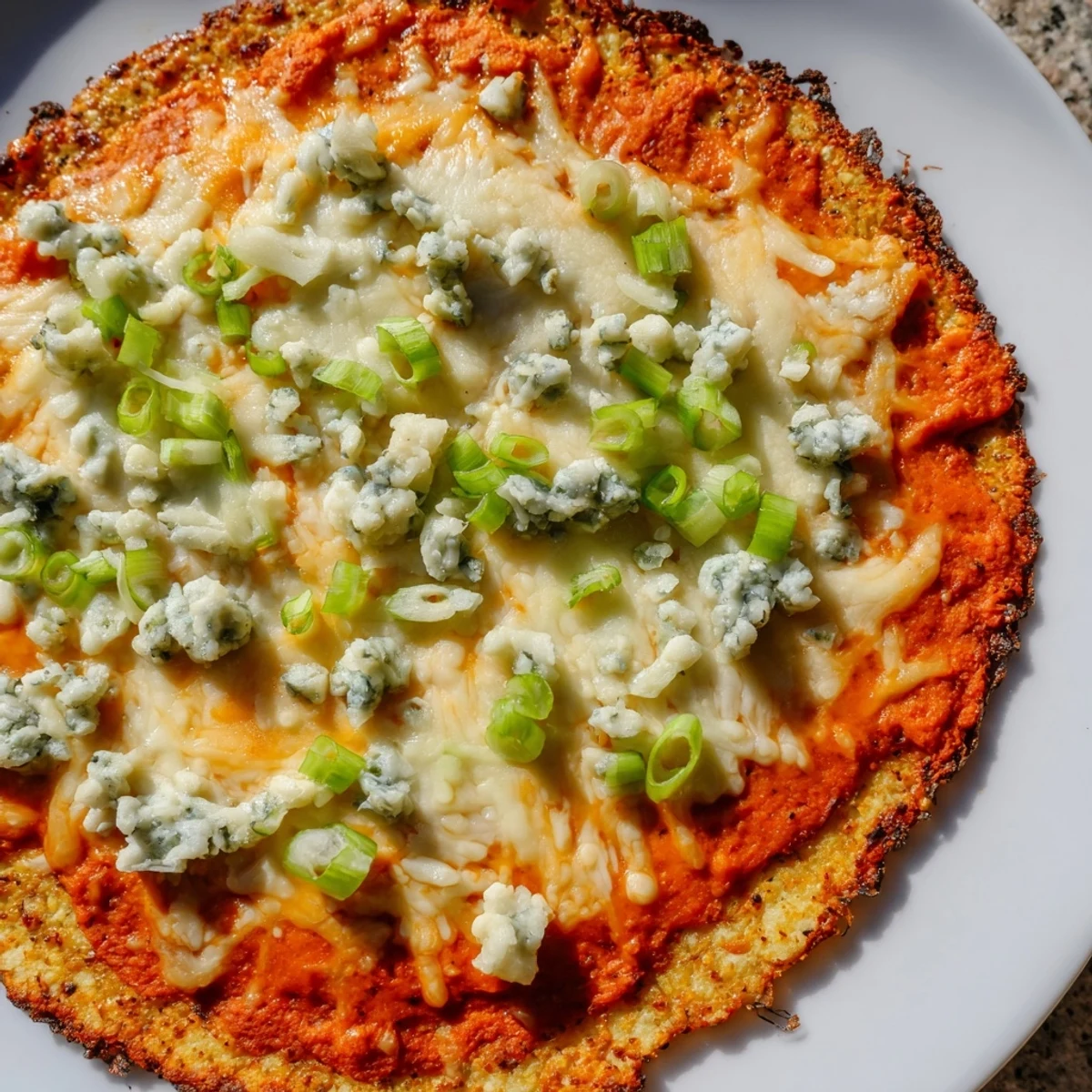 Crispy Buffalo Cauliflower Pizza topped with melted mozzarella, perfect for a flavorful weeknight meal.