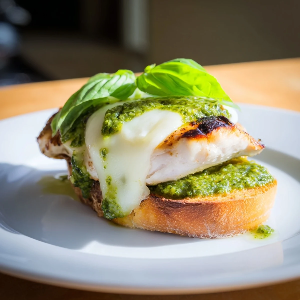 Golden, grilled Pesto Chicken Melt with melted mozzarella, ready to eat on toasted ciabatta bread.