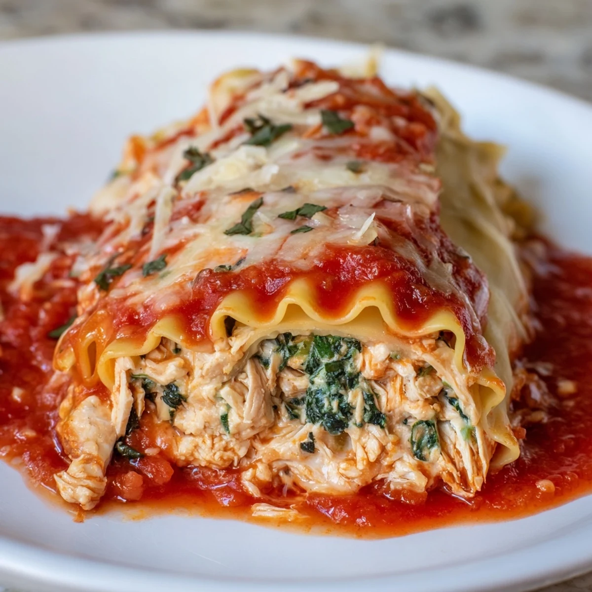 Savory Chicken and Spinach Lasagna Rolls, a baked casserole featuring rolled pasta with cheese and spinach.