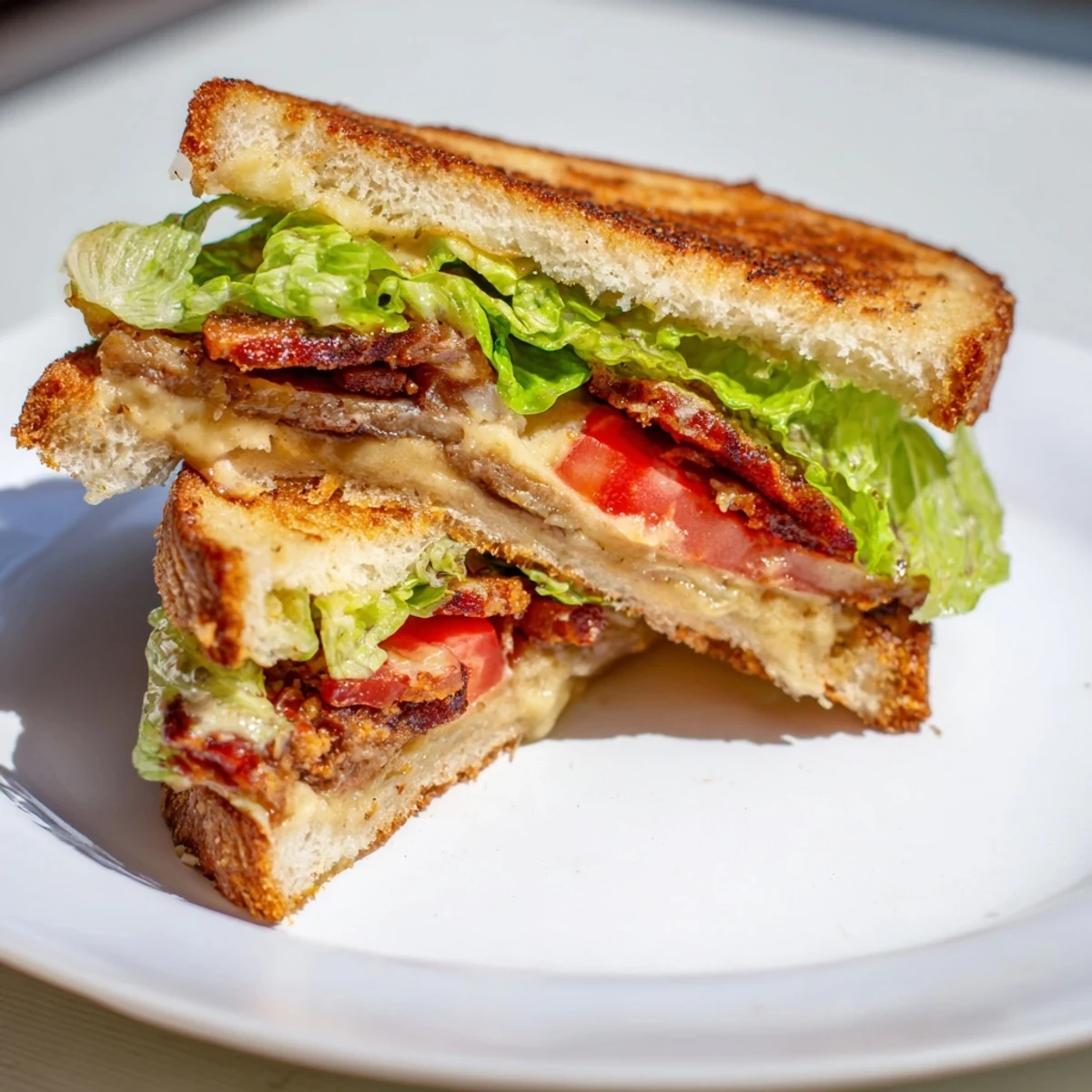 Crispy tempeh bacon and melted cheese star in this amazing Vegan Bacon BLT Grilled Cheese sandwich.