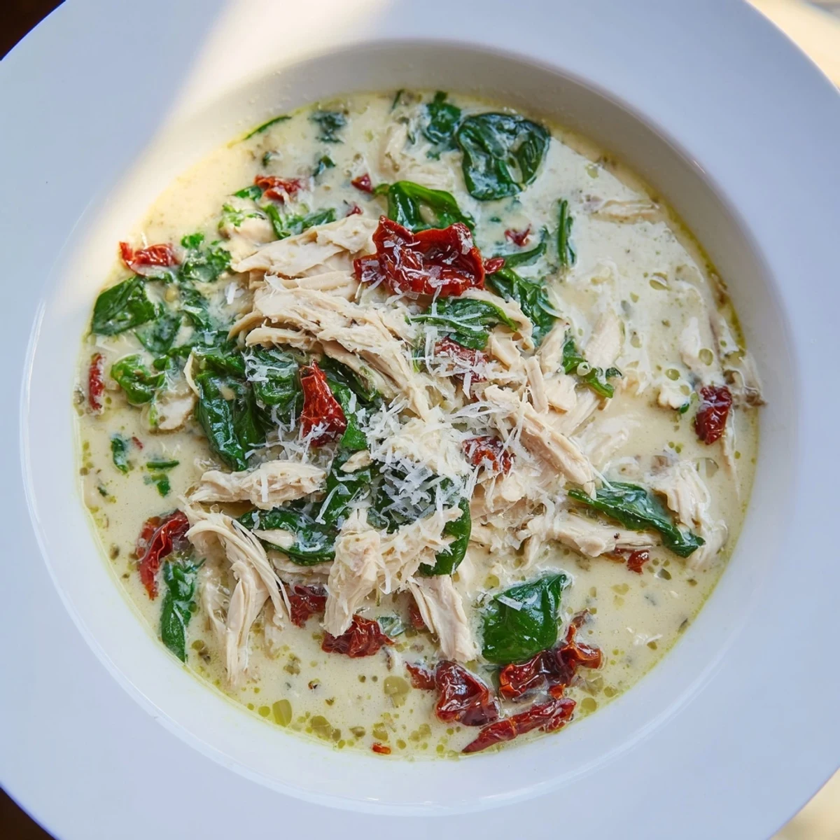 Close-up photo of the finished Creamy Tuscan Chicken Soup, rich with spinach and tomatoes.
