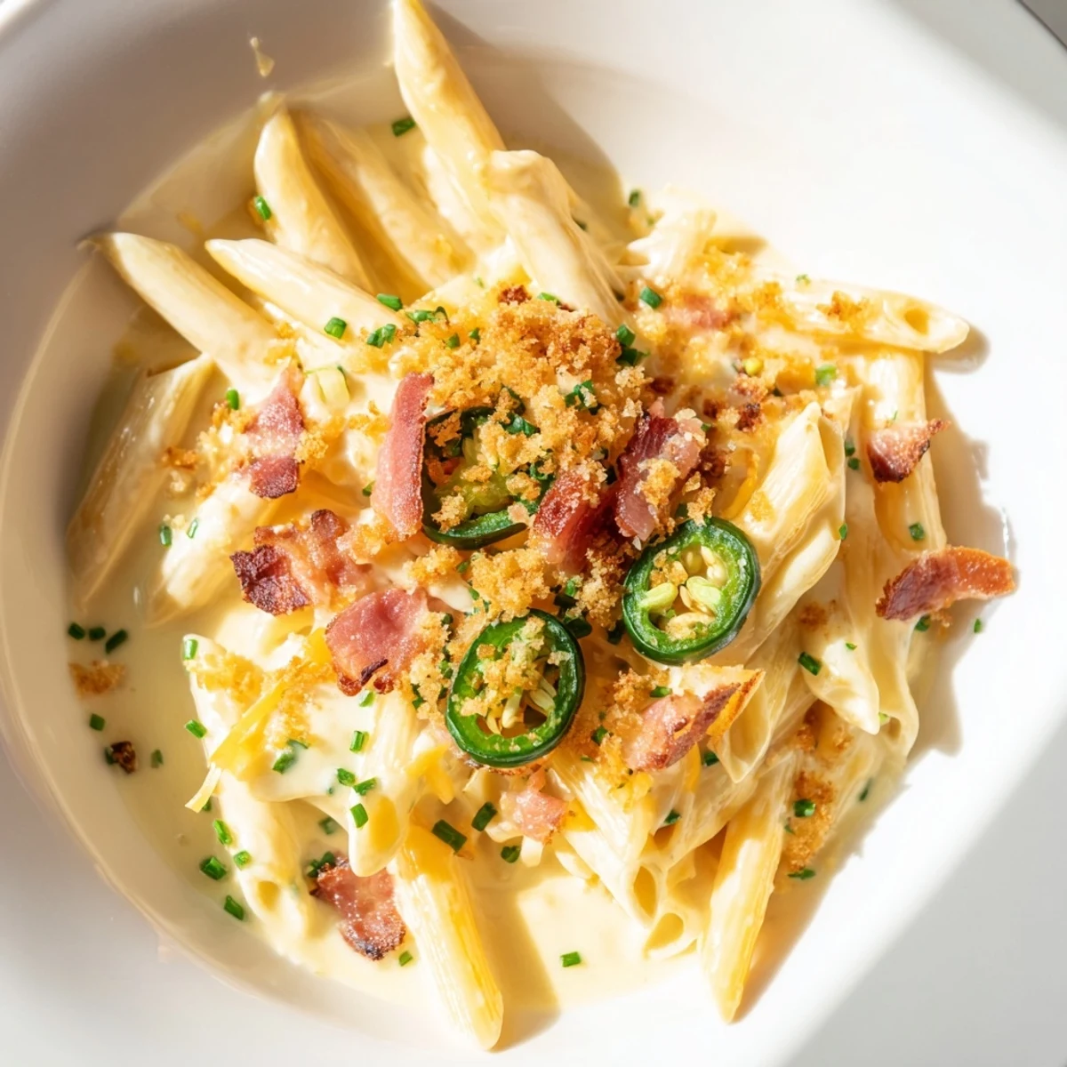 Creamy Jalapeño Popper Pasta with crispy bacon and roasted jalapeños, ready to serve.