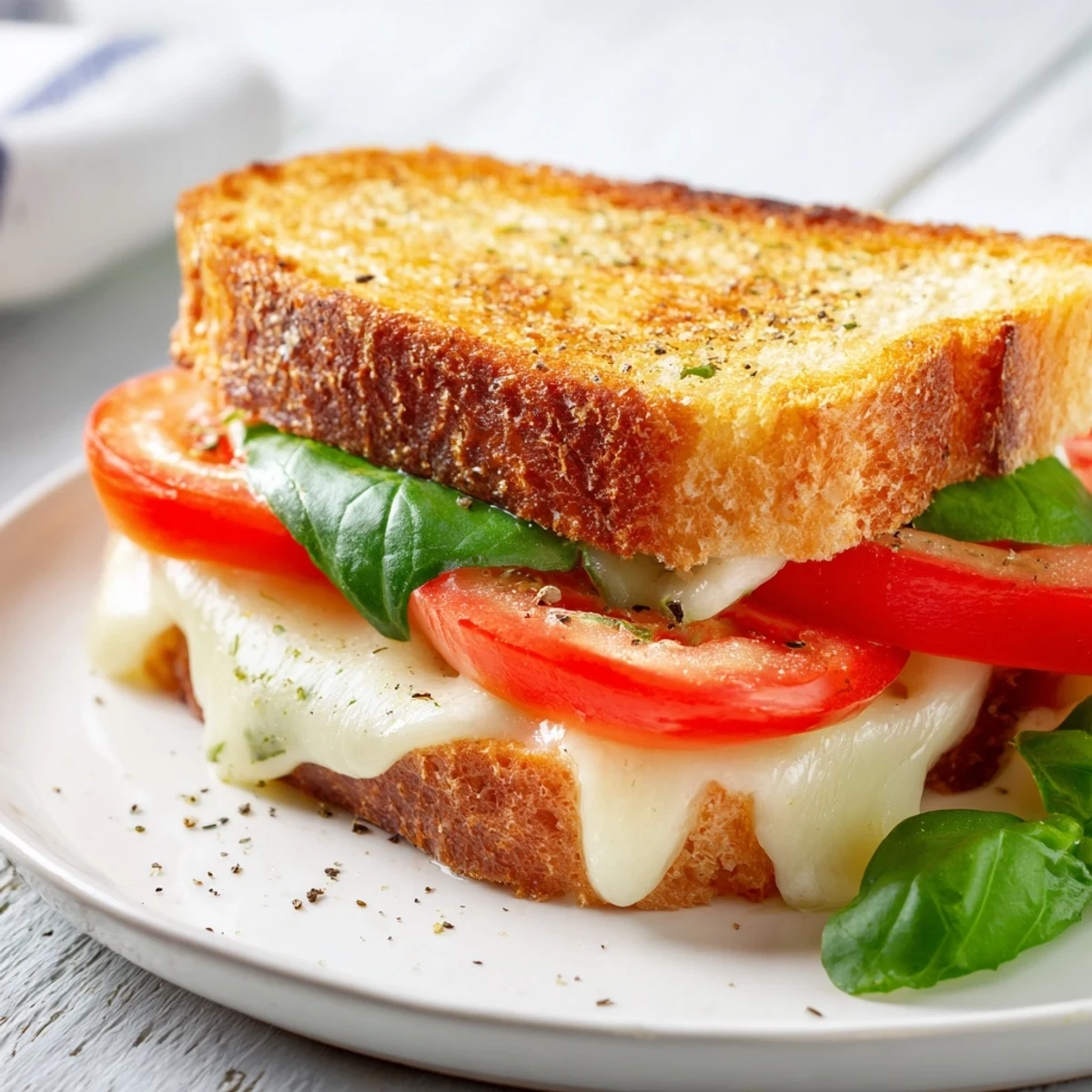 Perfectly toasted Tomato Basil Grilled Cheese, a delicious vegetarian sandwich with basil aroma and flavor.