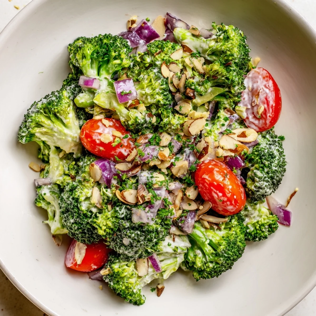 Freshly tossed Garlic Parmesan Broccoli Salad with toasted almonds, a flavorful and easy recipe.