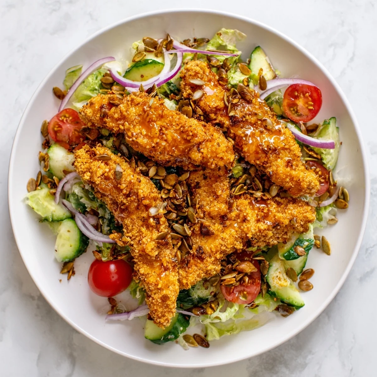 A colorful close-up of a generous serving of crispy hot honey chicken salad, ready to enjoy.
