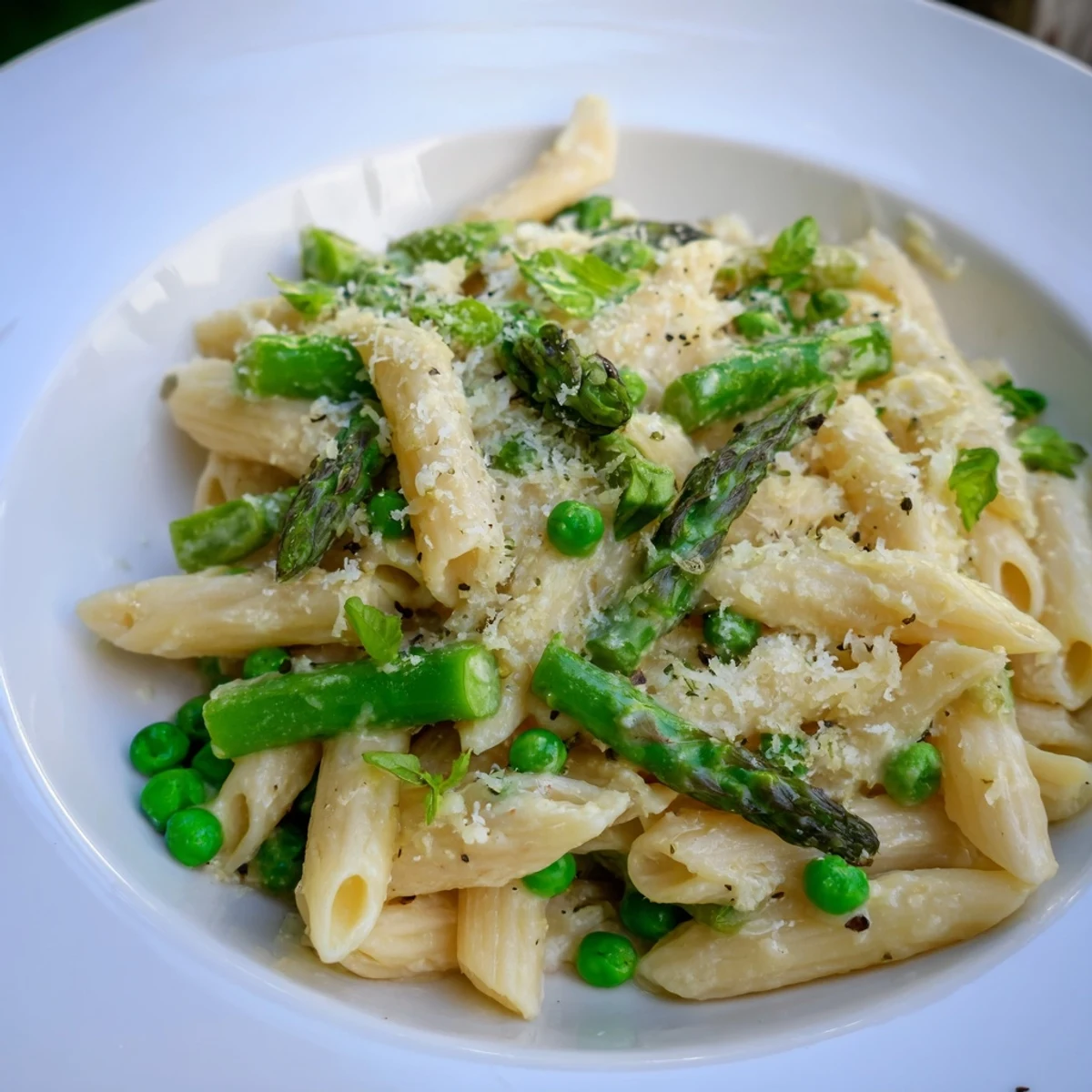 Steaming spring vegetables in this Garlic Parmesan Pasta are perfectly coated in creamy sauce.