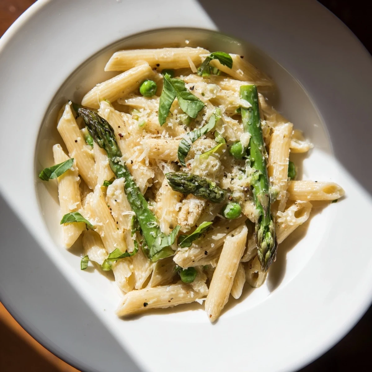 This Garlic Parmesan Spring Vegetable Pasta features tender green beans and asparagus in a rich, flavorful sauce.