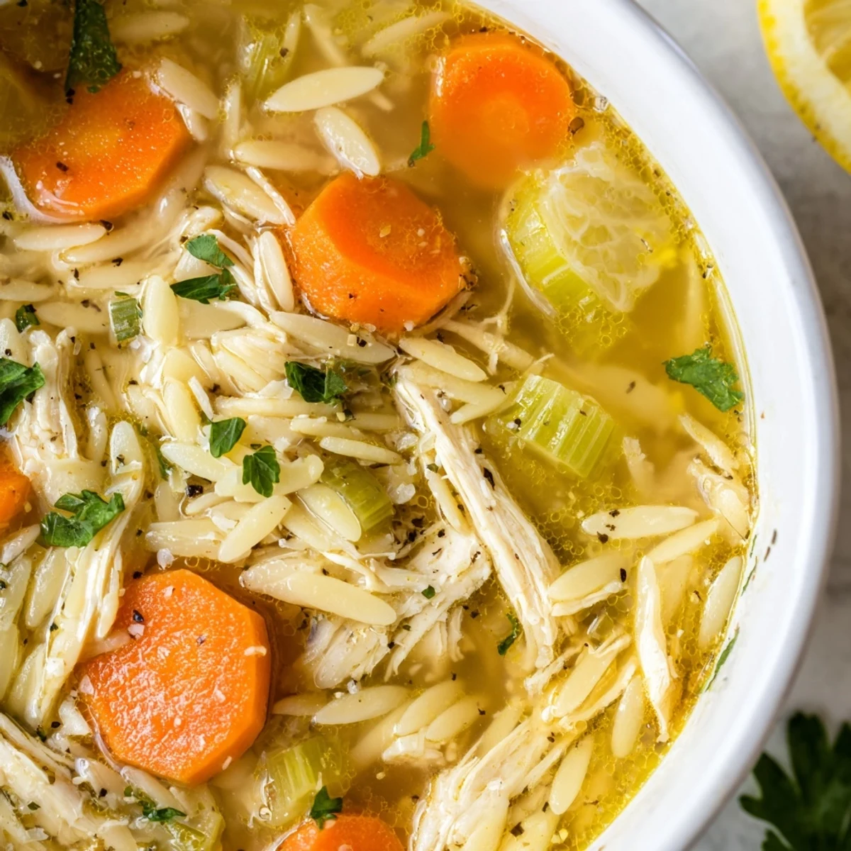 Steaming bowl of Lemon Pepper Chicken Orzo Soup: tender chicken and pasta in a flavorful broth.