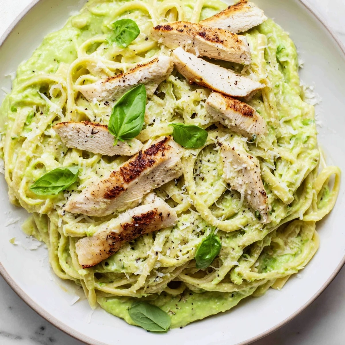 Creamy Avocado Chicken Pasta with grilled chicken slices bathed in a vibrant green, smooth sauce.