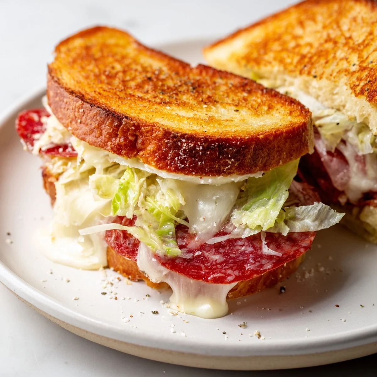 A close-up of a flavorful Italian sub grilled cheese, perfect for a satisfying lunch or dinner.