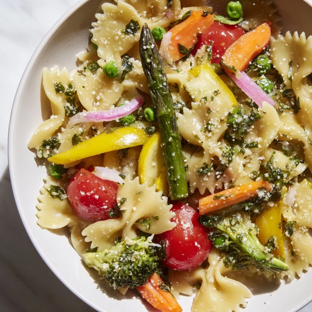 Rainbow Veggie Pasta Primavera, showcasing colorful vegetables and bow-tie pasta, ready for a fresh spring meal.