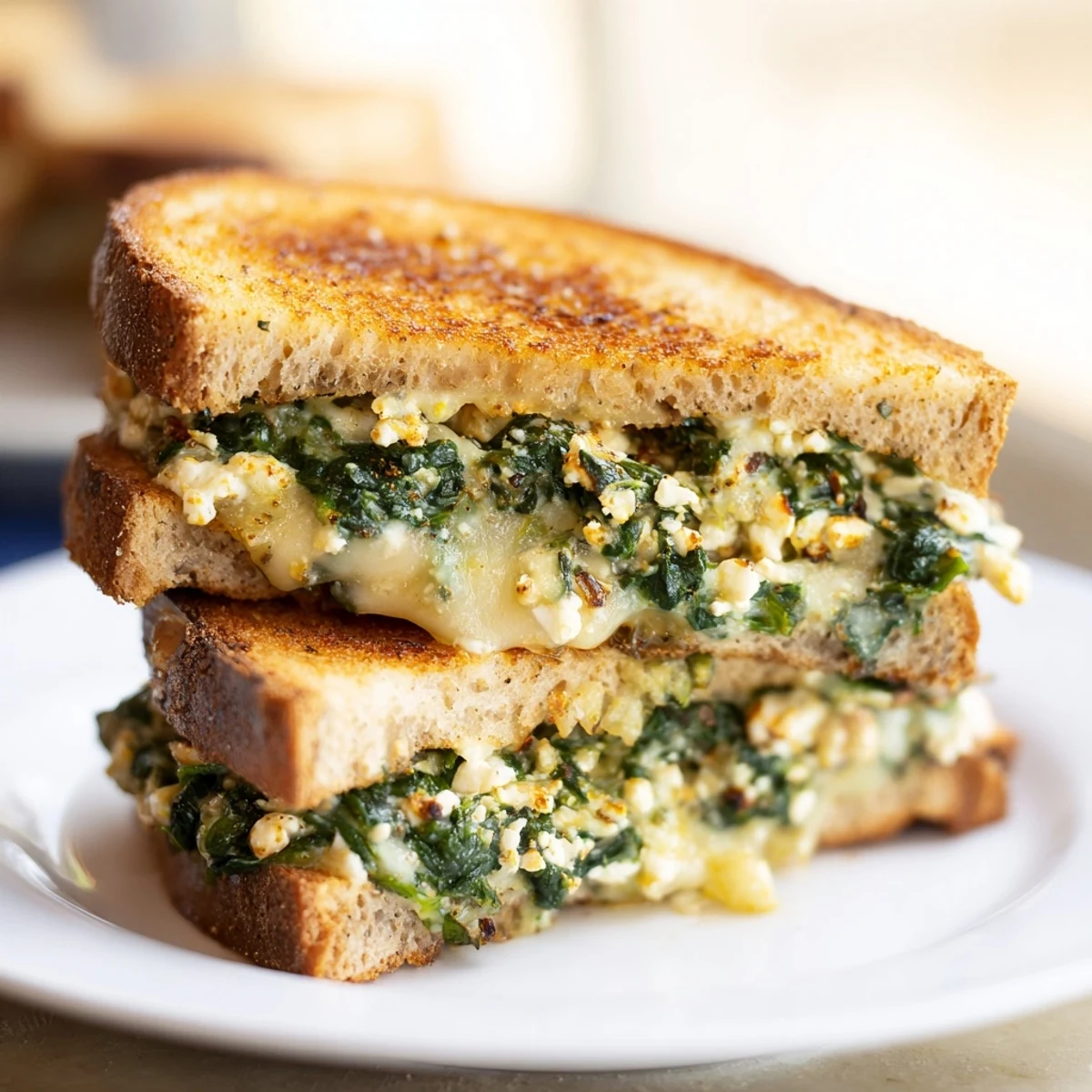 Golden, melty Feta & Spinach Stuffed Grilled Cheese, oozing with cheese and spinach, ready to savor.