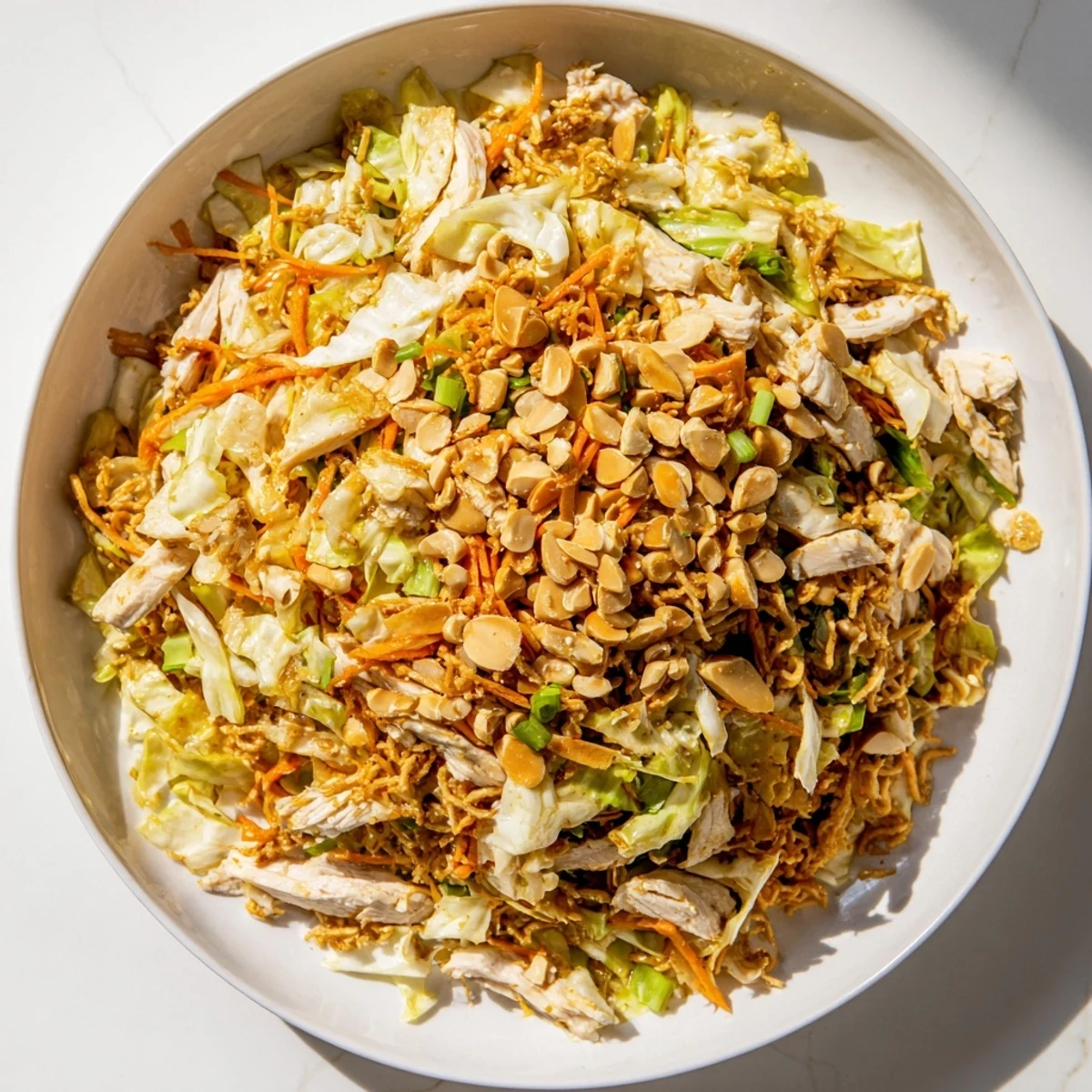 Vibrant Crunchy Ramen Chicken Salad with shredded chicken, crunchy noodles, and a sesame dressing.