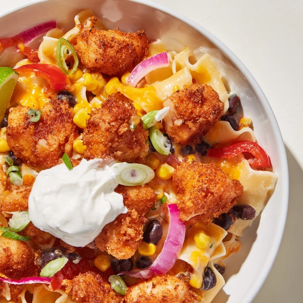 A close-up view displays creamy, melted cheese topping the hearty Crispy Chicken Burrito Pasta with fresh cilantro.