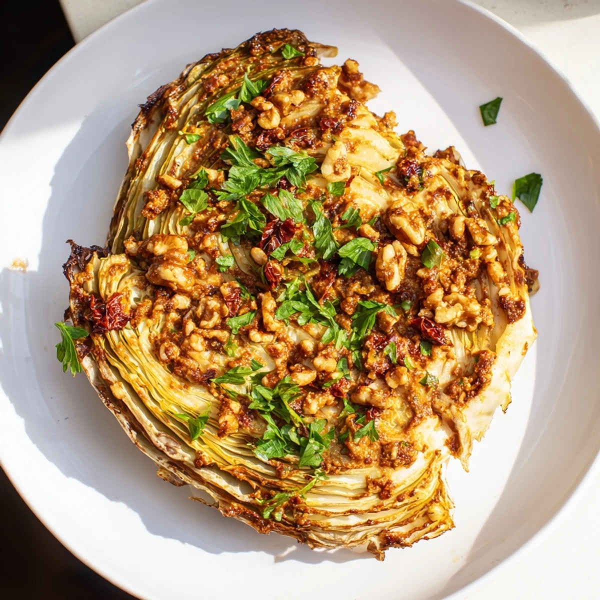 Hearty Baked Cabbage Salad With Winter Romesco served warm, featuring tender cabbage, vibrant sauce, and bright lemon for a cozy vegetarian main.