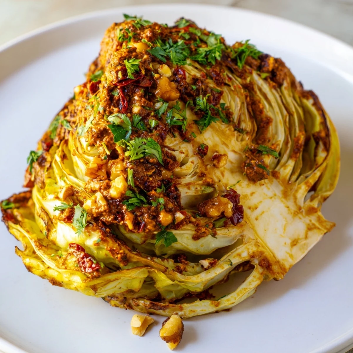 Golden-edged cabbage wedges sizzling from the oven, generously drizzled with bold, nutty romesco sauce and finished with toasted walnuts.