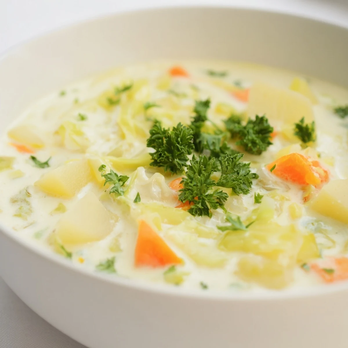 A warm bowl of Creamy Potato Soup with Cabbage, garnished with parsley and served with crusty bread.