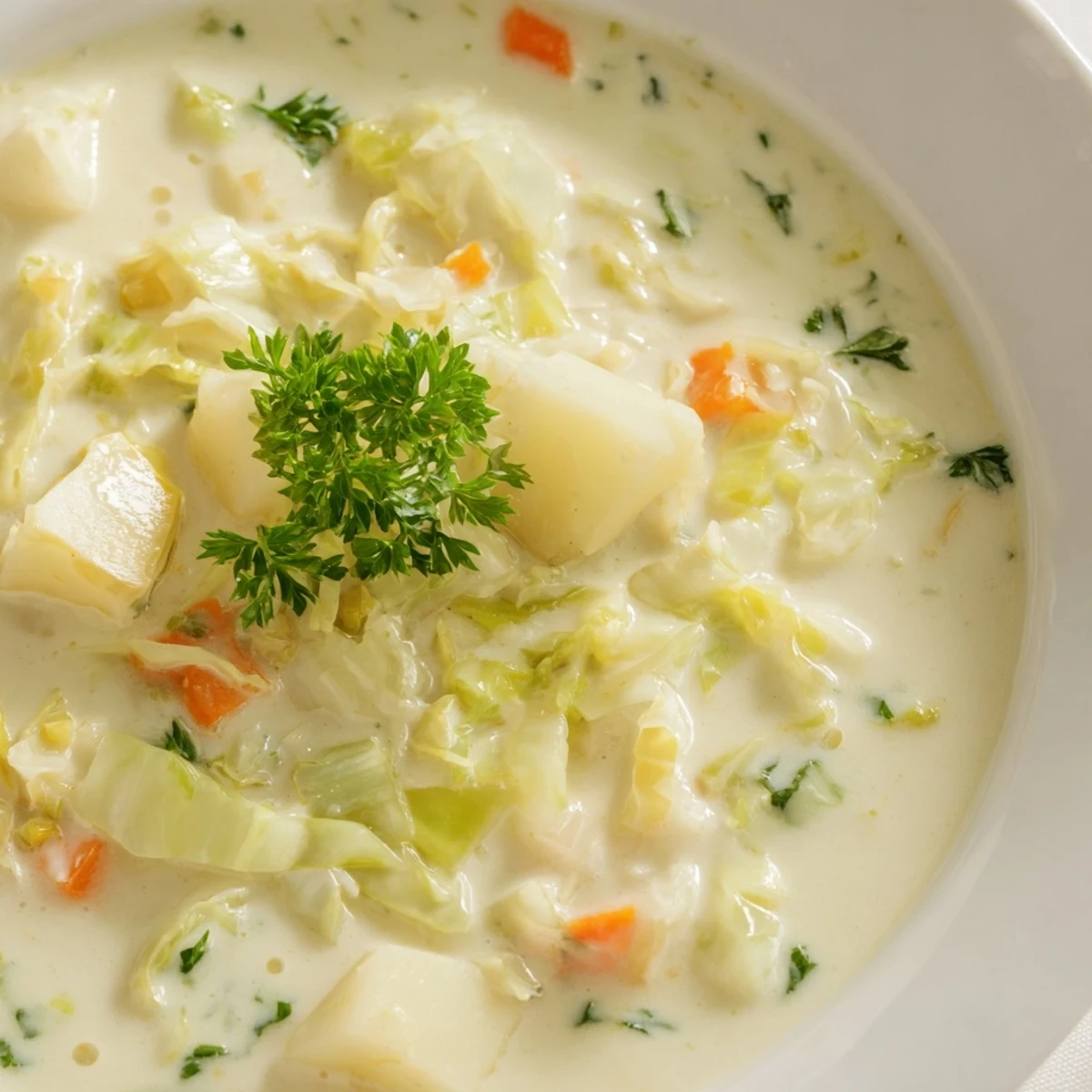 Creamy Potato Soup with Cabbage in a rustic bowl, featuring tender potato chunks and shredded green cabbage.