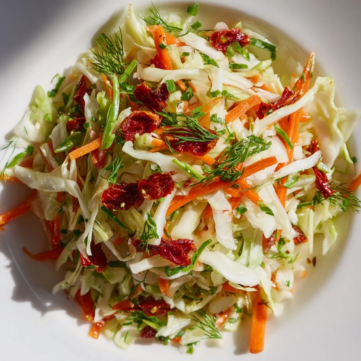 Vibrant cabbage salad featuring sun-dried tomatoes, fresh dill and chives, drizzled with a tangy vinaigrette for a crunchy, refreshing side dish.