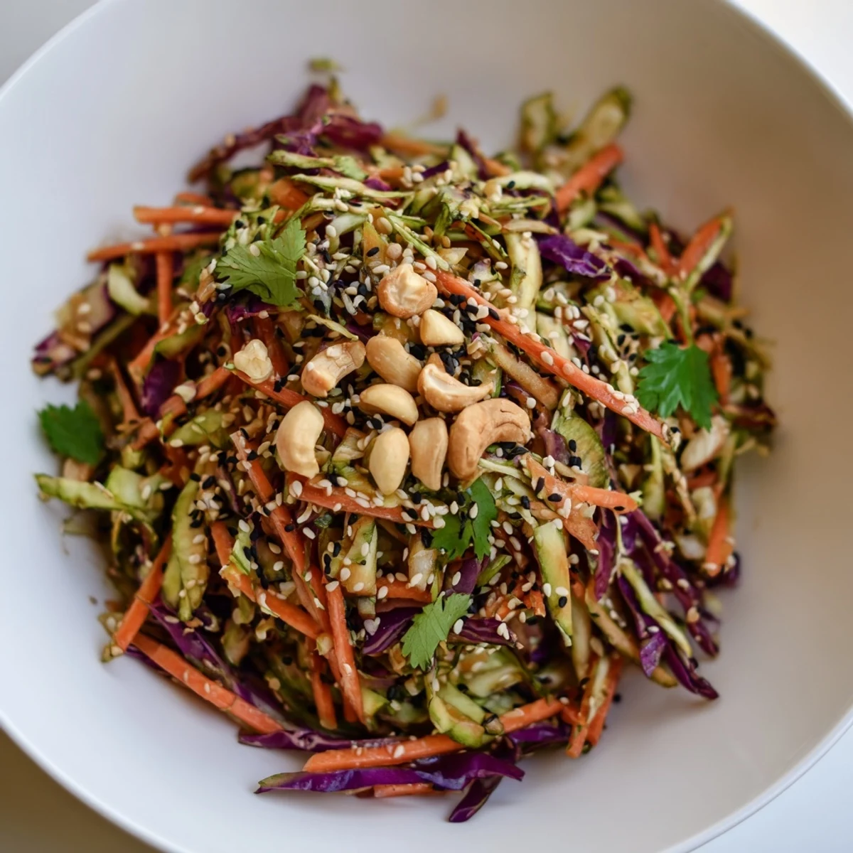 Crisp green and red cabbage tossed in a fragrant sesame-ginger Asian Cabbage Salad, topped with crunchy roasted cashews and fresh cilantro.  