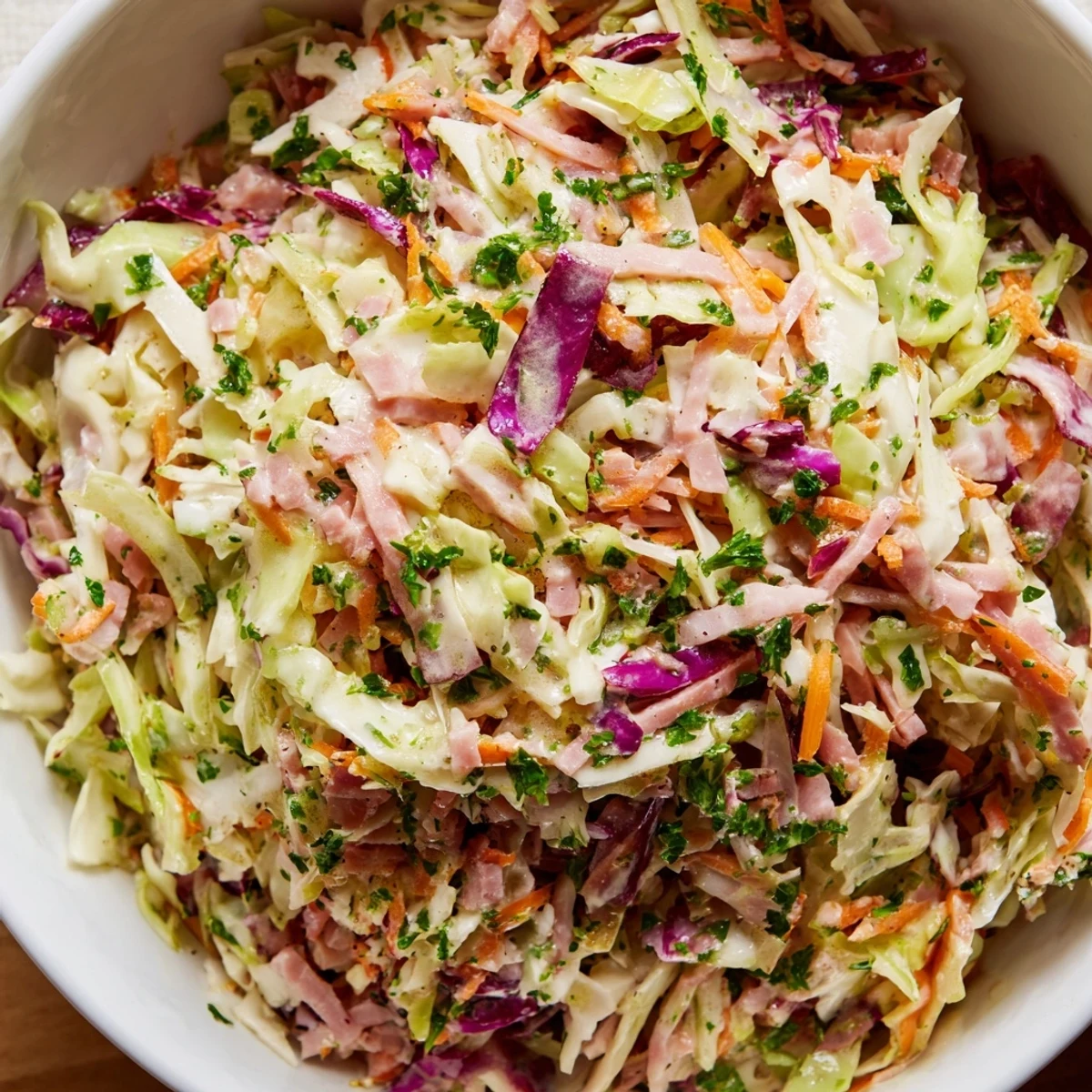 Shredded green and red cabbage, crisp carrots, and smoky ham tossed in a tangy German-style coleslaw, garnished with fresh parsley for a vibrant side dish.
