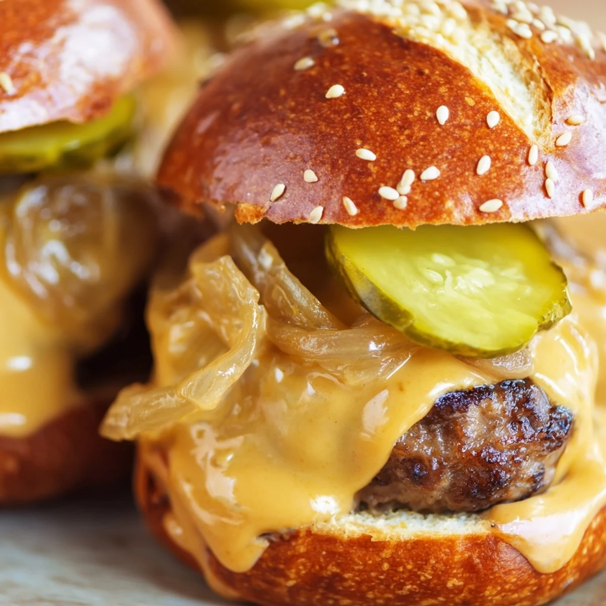 Golden-brown Touchdown Brat Sliders on a wooden board, featuring juicy bratwurst patties and melted beer cheese sauce.