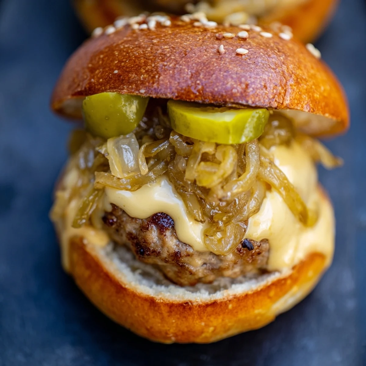 Freshly baked Touchdown Brat Sliders arranged on a platter, perfect for a festive game day snack or party.