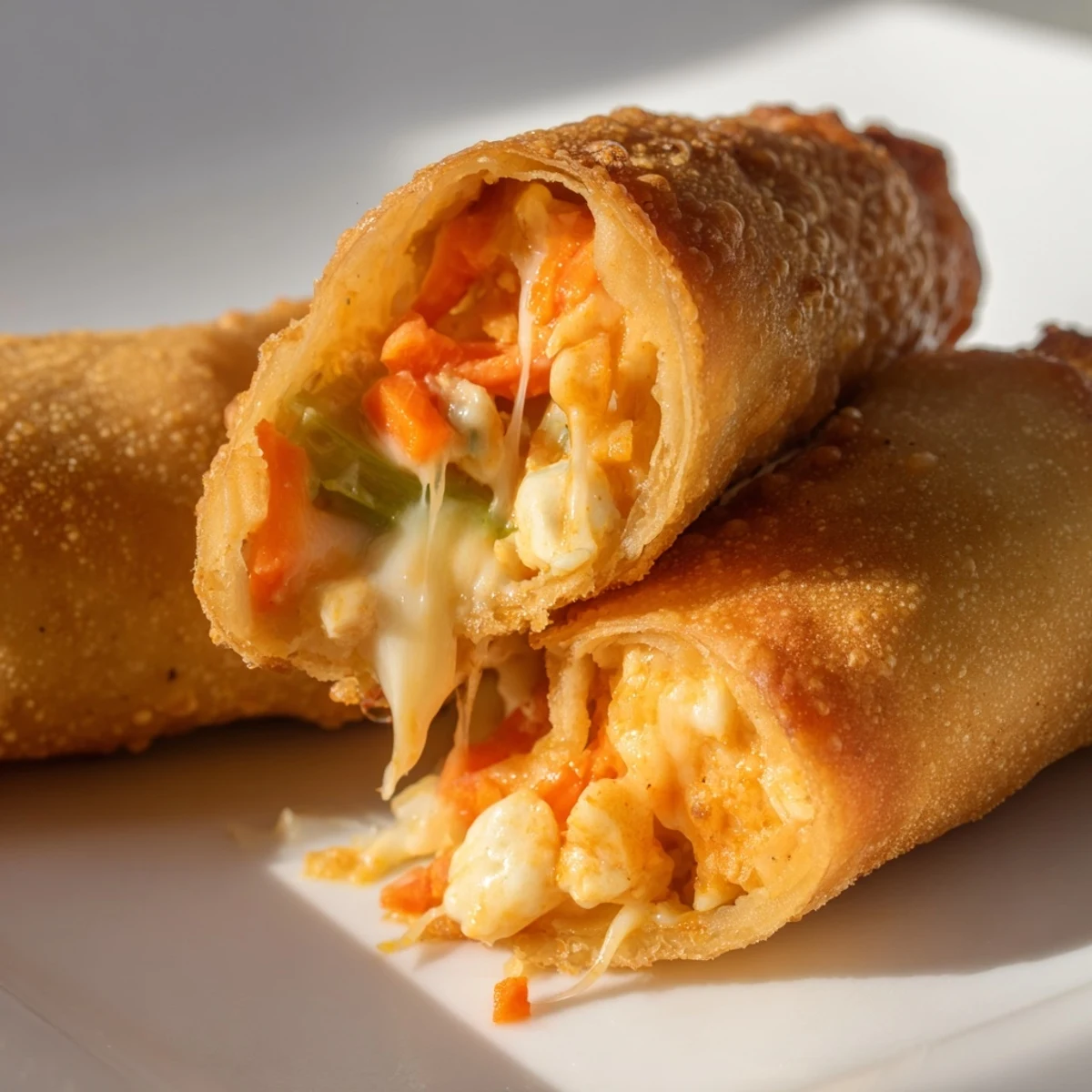 Crispy golden Buffalo Chicken Egg Rolls with melted mozzarella and blue cheese, served with ranch on a plate.