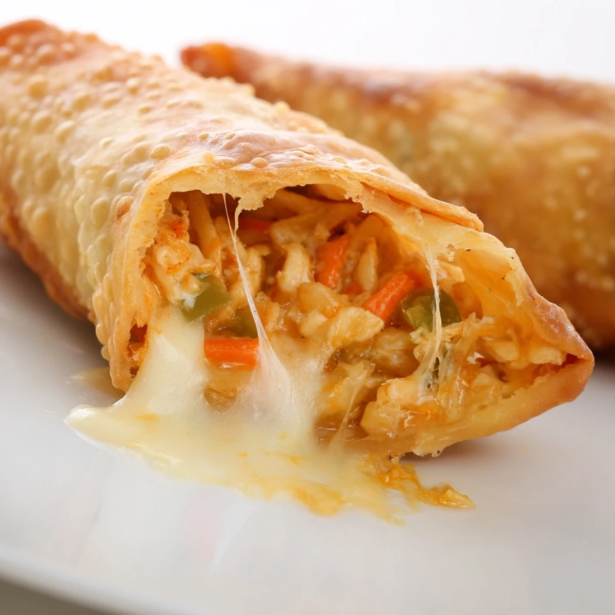 Freshly fried Buffalo Chicken Egg Rolls drizzled with buffalo sauce and garnished with green onions and celery.