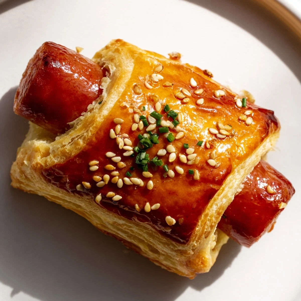 Flaky golden puff pastry wraps each juicy cocktail sausage, brushed with sweet and spicy pepper jelly glaze for a bold appetizer.  