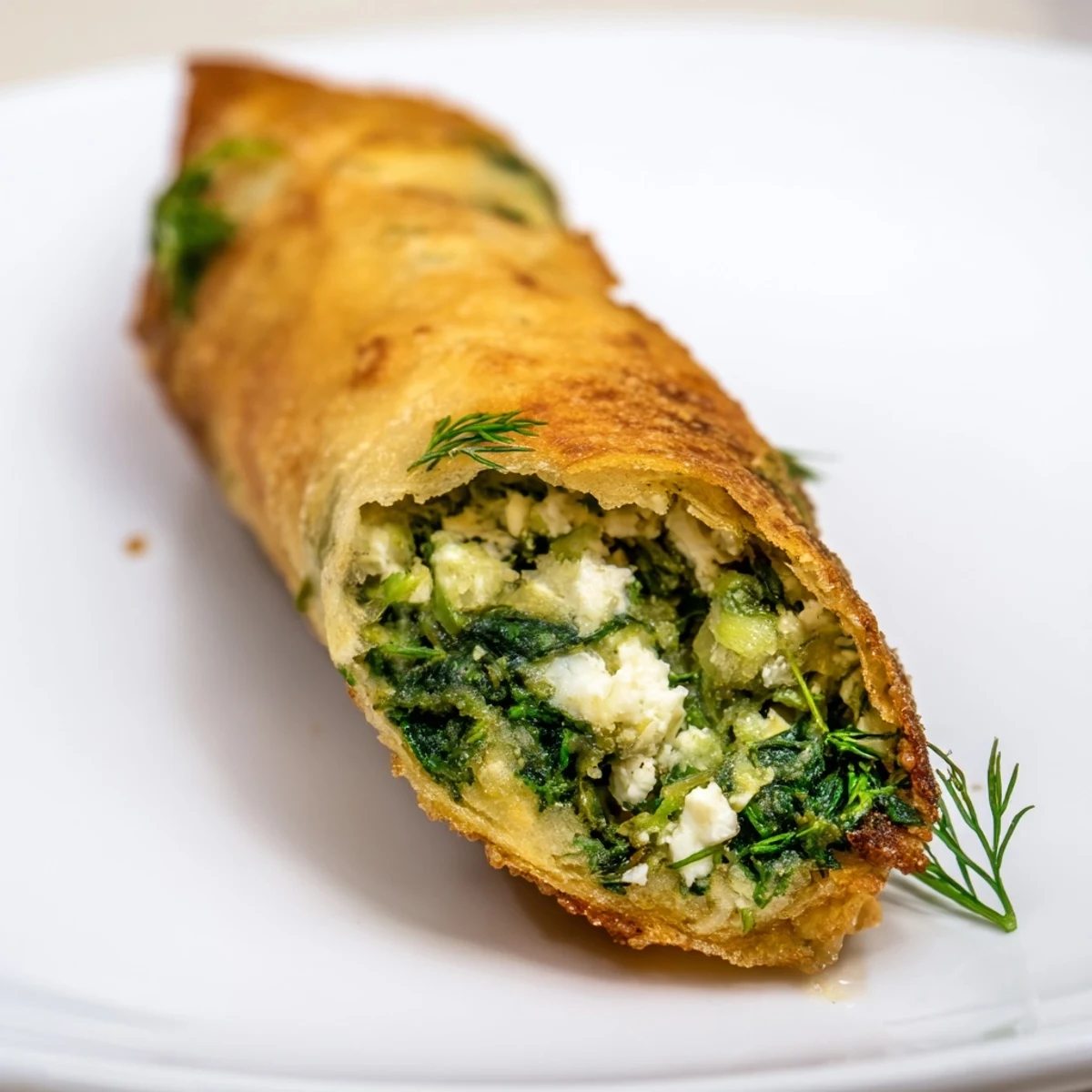 Golden-brown Spanakopita Spring Rolls arranged on a white platter, served with a creamy yogurt-dill dip and fresh lemon wedges.  