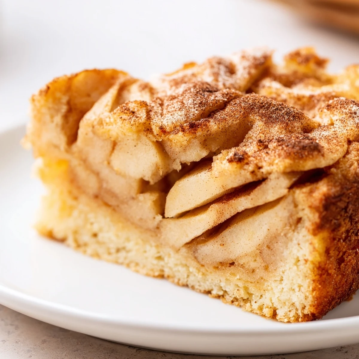 A warm slice of baked apple cake with tender apples and cinnamon sugar, served on a rustic plate for breakfast.